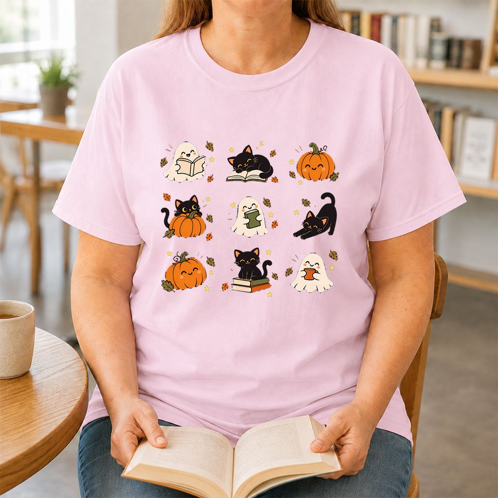 Halloween Cats, Ghosts, And Pumpkins Printed T-Shirt | Cozy Bookish Fall Gift Light Pink