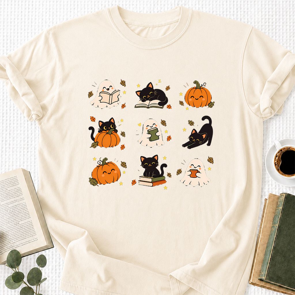 Halloween Cats, Ghosts, And Pumpkins Printed T-Shirt | Cozy Bookish Fall Gift Natural
