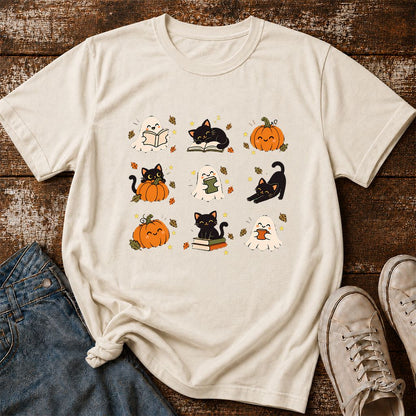 Halloween Cats, Ghosts, And Pumpkins Printed T-Shirt | Cozy Bookish Fall Gift Natural