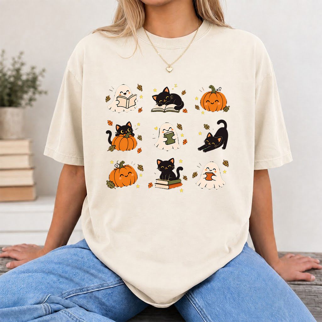 Halloween Cats, Ghosts, And Pumpkins Printed T-Shirt | Cozy Bookish Fall Gift Natural