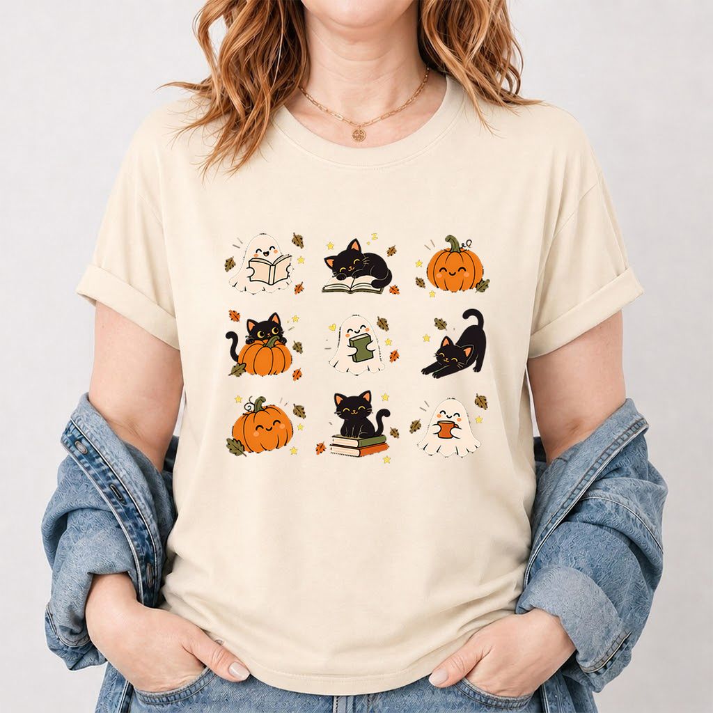 Halloween Cats, Ghosts, And Pumpkins Printed T-Shirt | Cozy Bookish Fall Gift Natural