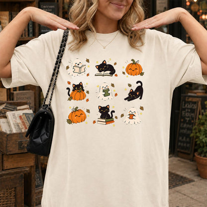 Halloween Cats, Ghosts, And Pumpkins Printed T-Shirt | Cozy Bookish Fall Gift Natural