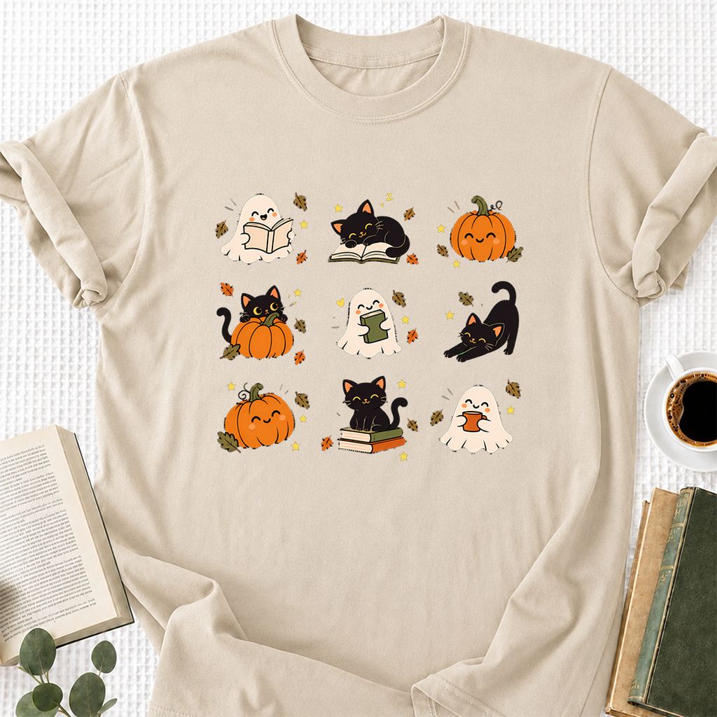 Halloween Cats, Ghosts, And Pumpkins Printed T-Shirt | Cozy Bookish Fall Gift Sand