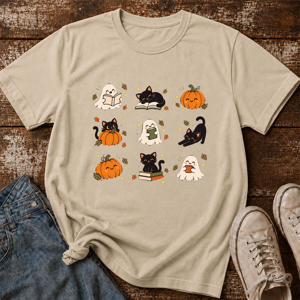 Halloween Cats, Ghosts, And Pumpkins Printed T-Shirt | Cozy Bookish Fall Gift Sand