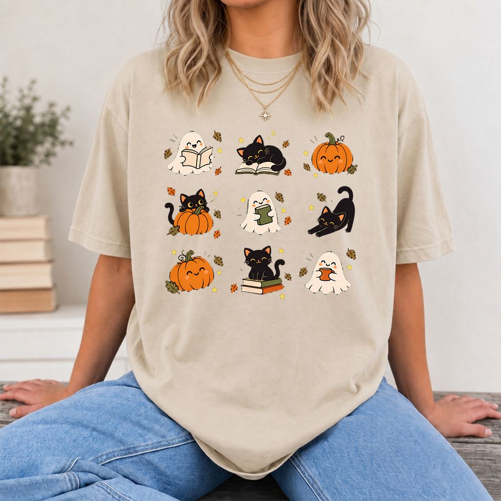 Halloween Cats, Ghosts, And Pumpkins Printed T-Shirt | Cozy Bookish Fall Gift Sand
