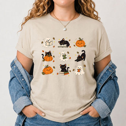 Halloween Cats, Ghosts, And Pumpkins Printed T-Shirt | Cozy Bookish Fall Gift Sand