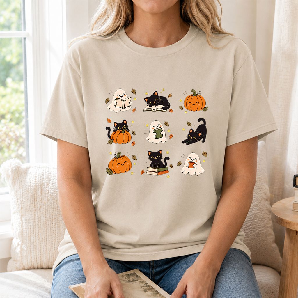 Halloween Cats, Ghosts, And Pumpkins Printed T-Shirt | Cozy Bookish Fall Gift Sand