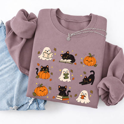 Halloween Cats, Ghosts, And Pumpkins Softstyle Sweatshirt | Bookish Fall Gift Paragon