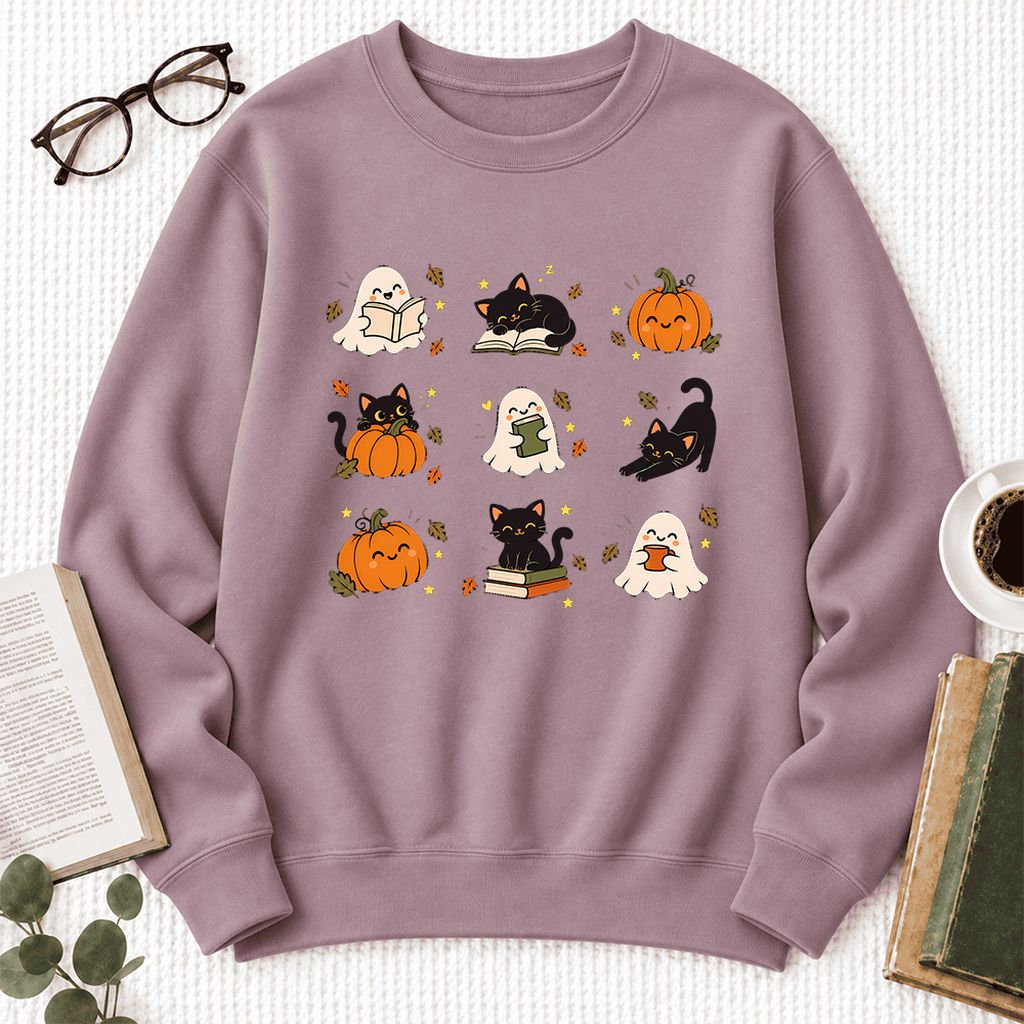 Halloween Cats, Ghosts, And Pumpkins Softstyle Sweatshirt | Bookish Fall Gift Paragon