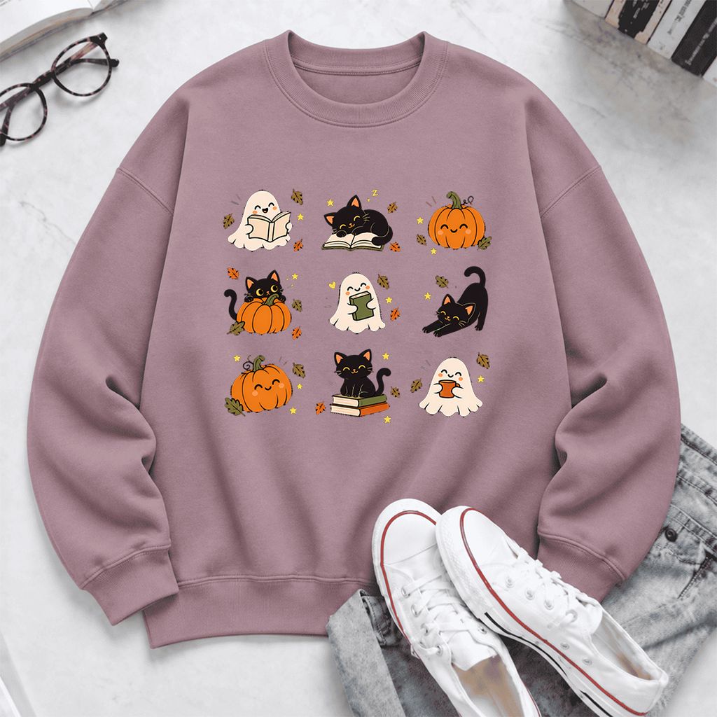 Halloween Cats, Ghosts, And Pumpkins Softstyle Sweatshirt | Bookish Fall Gift Paragon