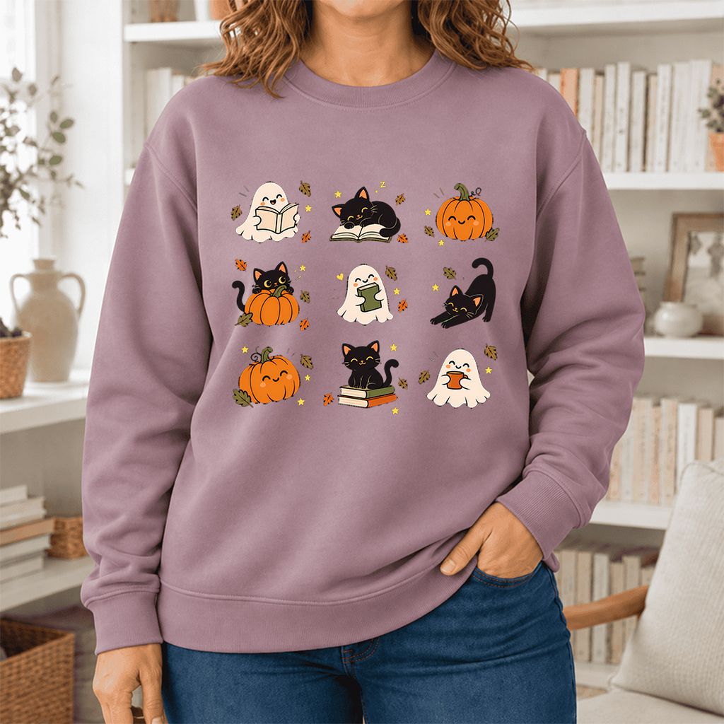 Halloween Cats, Ghosts, And Pumpkins Softstyle Sweatshirt | Bookish Fall Gift Paragon
