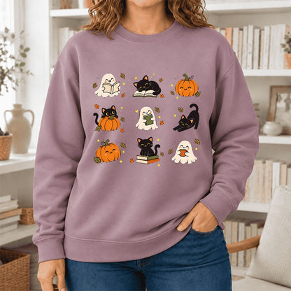 Halloween Cats, Ghosts, And Pumpkins Softstyle Sweatshirt | Bookish Fall Gift Paragon