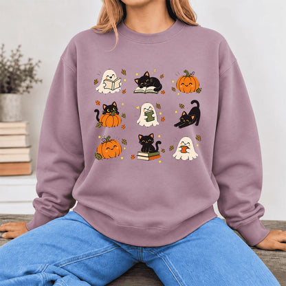Halloween Cats, Ghosts, And Pumpkins Softstyle Sweatshirt | Bookish Fall Gift Paragon