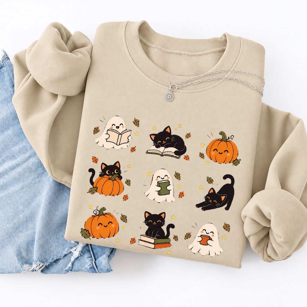 Halloween Cats, Ghosts, And Pumpkins Softstyle Sweatshirt | Bookish Fall Gift Sand