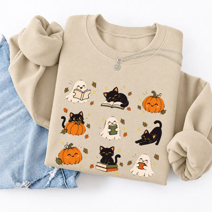 Halloween Cats, Ghosts, And Pumpkins Softstyle Sweatshirt | Bookish Fall Gift Sand