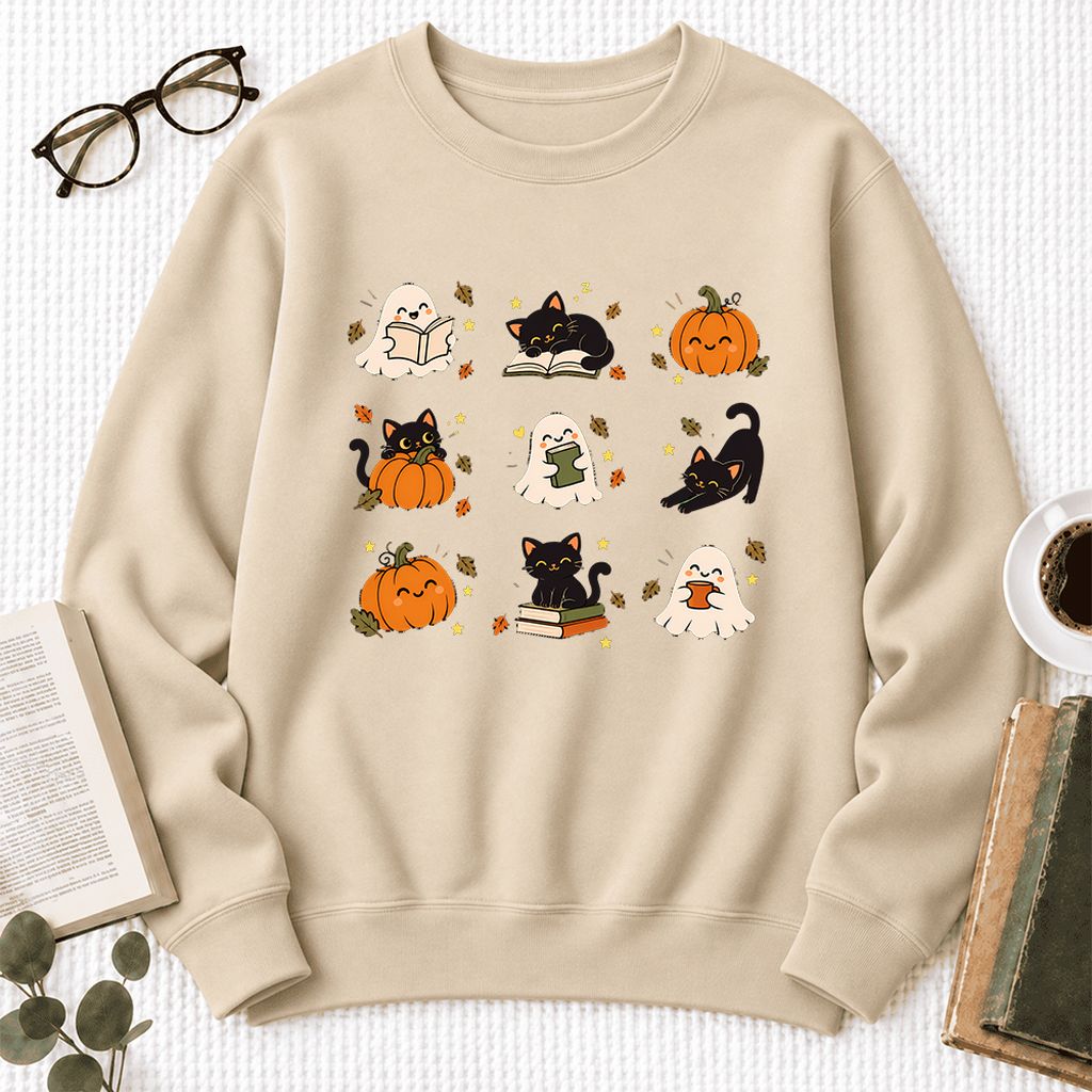 Halloween Cats, Ghosts, And Pumpkins Softstyle Sweatshirt | Bookish Fall Gift Sand