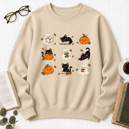 Halloween Cats, Ghosts, And Pumpkins Softstyle Sweatshirt | Bookish Fall Gift Sand