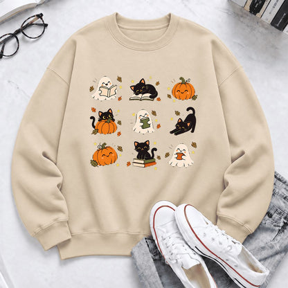 Halloween Cats, Ghosts, And Pumpkins Softstyle Sweatshirt | Bookish Fall Gift Sand