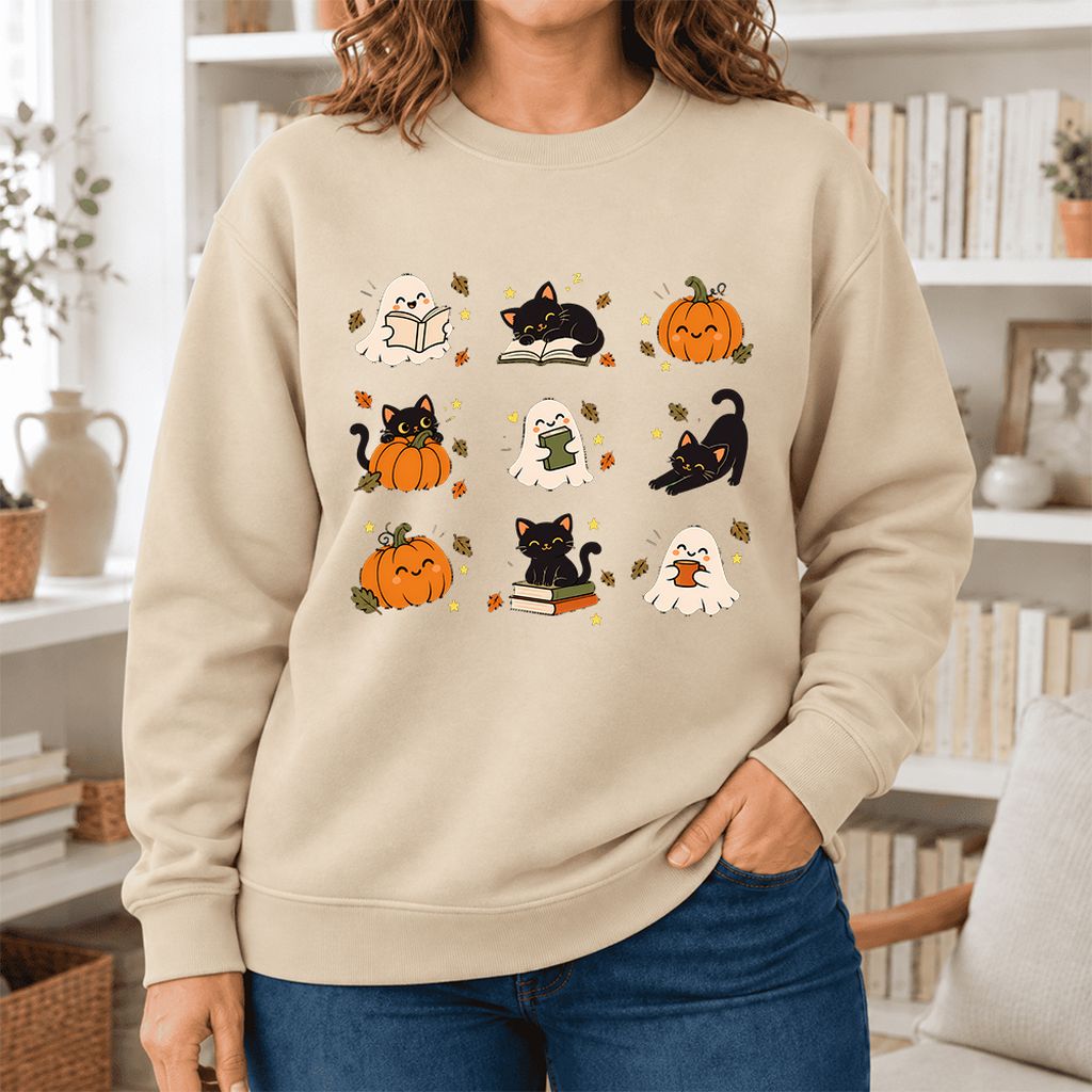 Halloween Cats, Ghosts, And Pumpkins Softstyle Sweatshirt | Bookish Fall Gift Sand