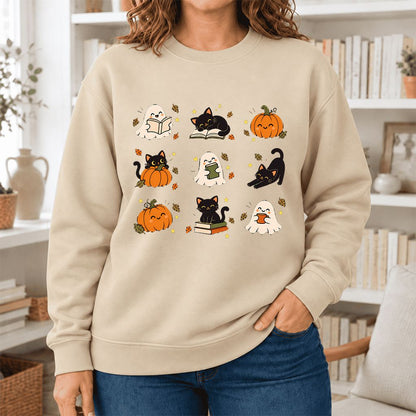 Halloween Cats, Ghosts, And Pumpkins Softstyle Sweatshirt | Bookish Fall Gift Sand