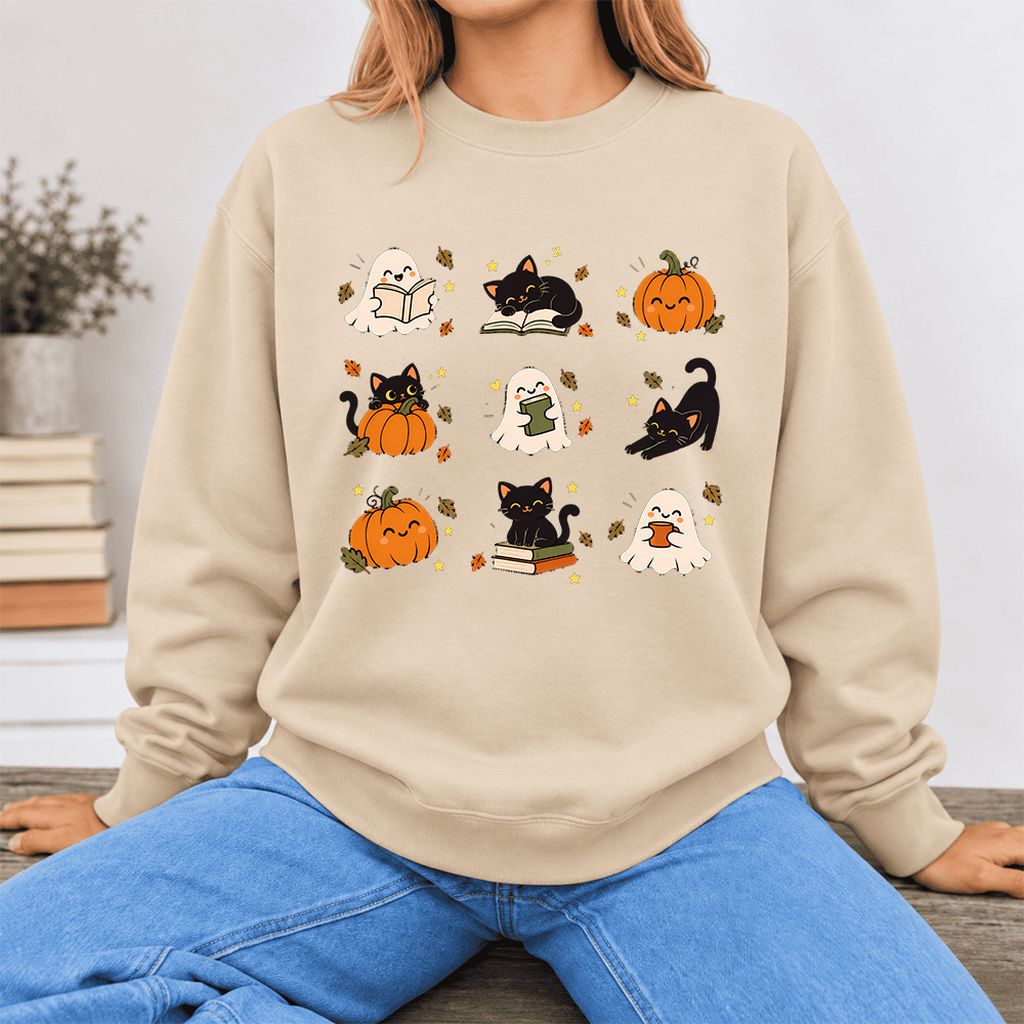 Halloween Cats, Ghosts, And Pumpkins Softstyle Sweatshirt | Bookish Fall Gift Sand