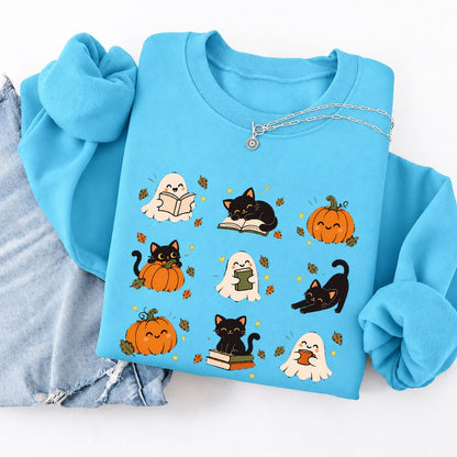 Halloween Cats, Ghosts, And Pumpkins Softstyle Sweatshirt | Bookish Fall Gift Sky