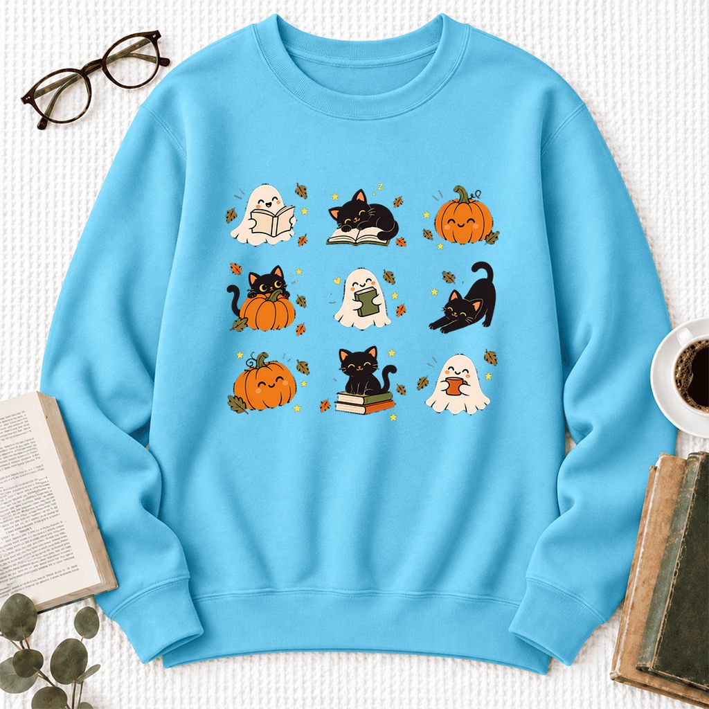 Halloween Cats, Ghosts, And Pumpkins Softstyle Sweatshirt | Bookish Fall Gift Sky