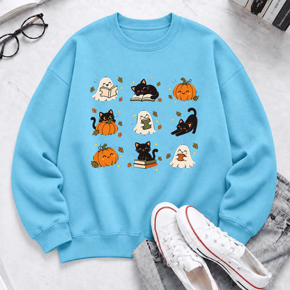 Halloween Cats, Ghosts, And Pumpkins Softstyle Sweatshirt | Bookish Fall Gift Sky