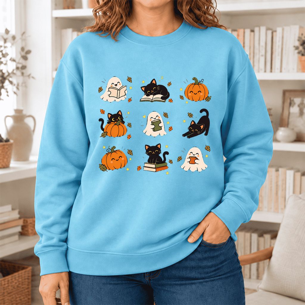 Halloween Cats, Ghosts, And Pumpkins Softstyle Sweatshirt | Bookish Fall Gift Sky