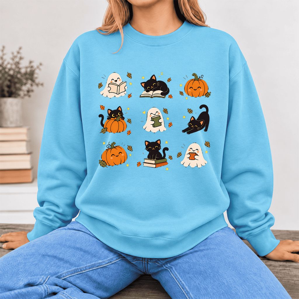 Halloween Cats, Ghosts, And Pumpkins Softstyle Sweatshirt | Bookish Fall Gift Sky
