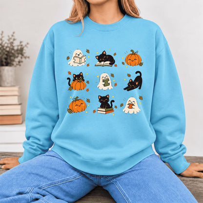 Halloween Cats, Ghosts, And Pumpkins Softstyle Sweatshirt | Bookish Fall Gift Sky