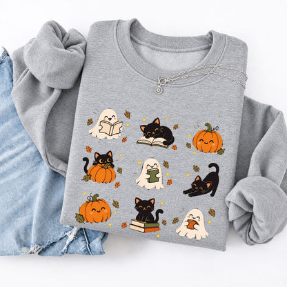Halloween Cats, Ghosts, And Pumpkins Softstyle Sweatshirt | Bookish Fall Gift Sport Grey
