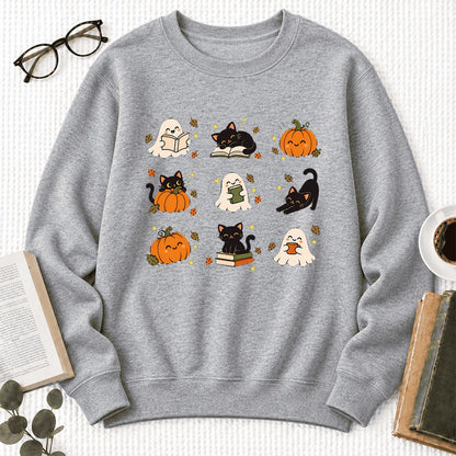 Halloween Cats, Ghosts, And Pumpkins Softstyle Sweatshirt | Bookish Fall Gift Sport Grey
