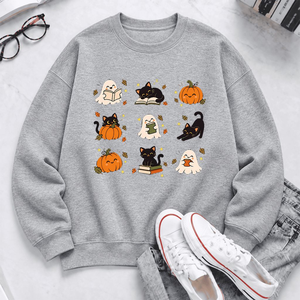 Halloween Cats, Ghosts, And Pumpkins Softstyle Sweatshirt | Bookish Fall Gift Sport Grey