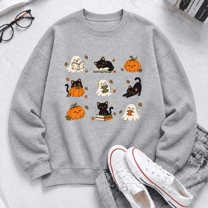 Halloween Cats, Ghosts, And Pumpkins Softstyle Sweatshirt | Bookish Fall Gift Sport Grey