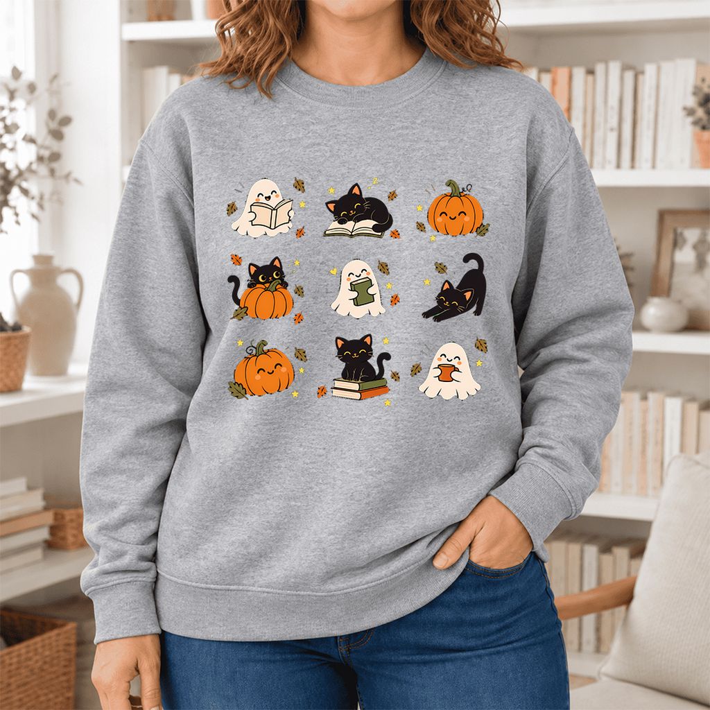 Halloween Cats, Ghosts, And Pumpkins Softstyle Sweatshirt | Bookish Fall Gift Sport Grey