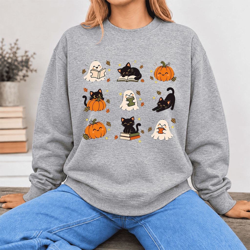 Halloween Cats, Ghosts, And Pumpkins Softstyle Sweatshirt | Bookish Fall Gift Sport Grey
