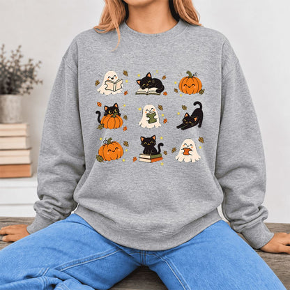 Halloween Cats, Ghosts, And Pumpkins Softstyle Sweatshirt | Bookish Fall Gift Sport Grey