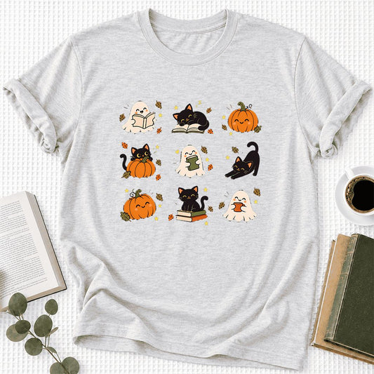 Halloween Cats, Ghosts, And Pumpkins Ultra-Soft Cotton T-Shirt | Gift Ash