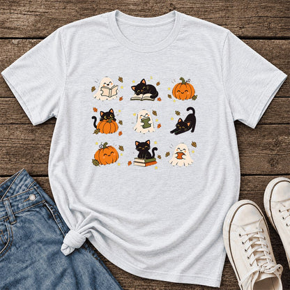 Halloween Cats, Ghosts, And Pumpkins Ultra-Soft Cotton T-Shirt | Gift Ash