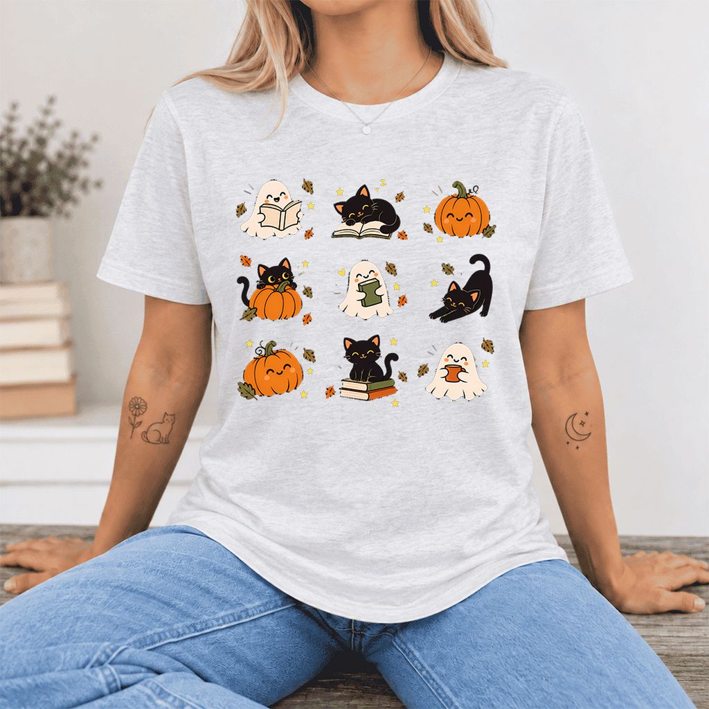 Halloween Cats, Ghosts, And Pumpkins Ultra-Soft Cotton T-Shirt | Gift Ash