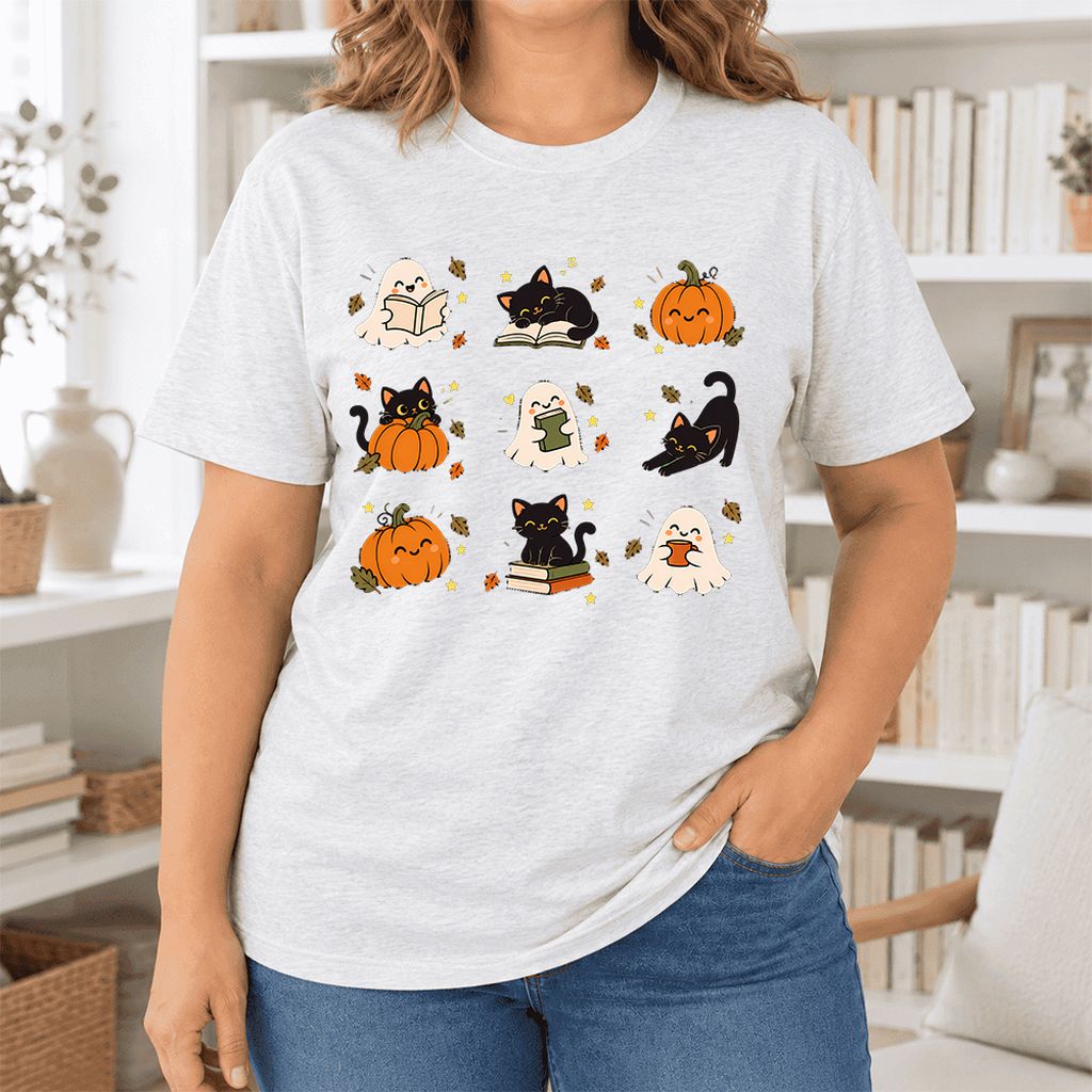 Halloween Cats, Ghosts, And Pumpkins Ultra-Soft Cotton T-Shirt | Gift Ash