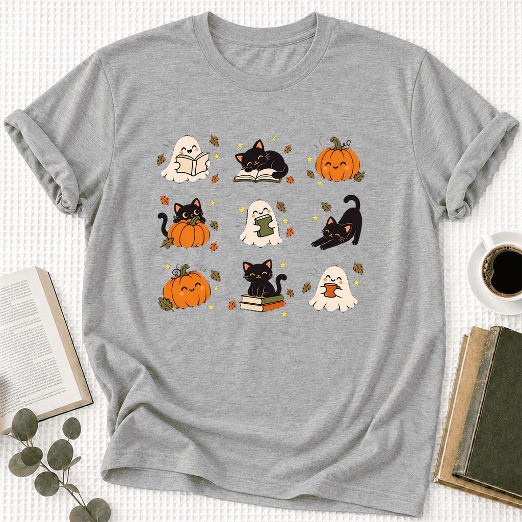Halloween Cats, Ghosts, And Pumpkins Ultra-Soft Cotton T-Shirt | Gift Athletic Heather