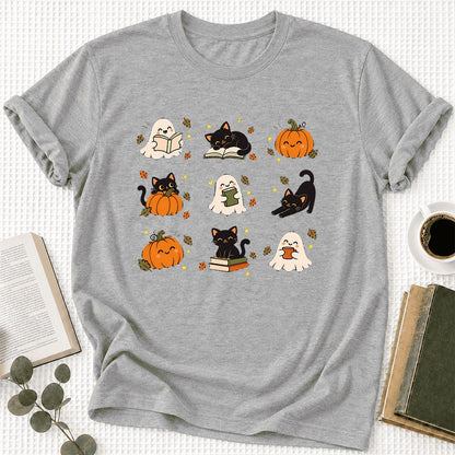 Halloween Cats, Ghosts, And Pumpkins Ultra-Soft Cotton T-Shirt | Gift Athletic Heather