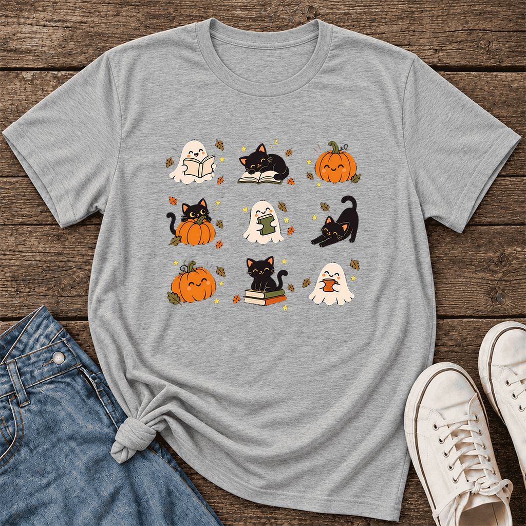 Halloween Cats, Ghosts, And Pumpkins Ultra-Soft Cotton T-Shirt | Gift Athletic Heather