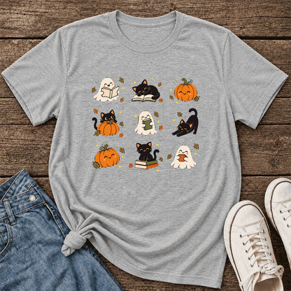 Halloween Cats, Ghosts, And Pumpkins Ultra-Soft Cotton T-Shirt | Gift Athletic Heather