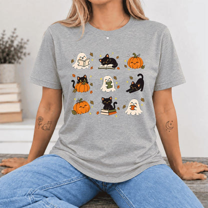 Halloween Cats, Ghosts, And Pumpkins Ultra-Soft Cotton T-Shirt | Gift Athletic Heather