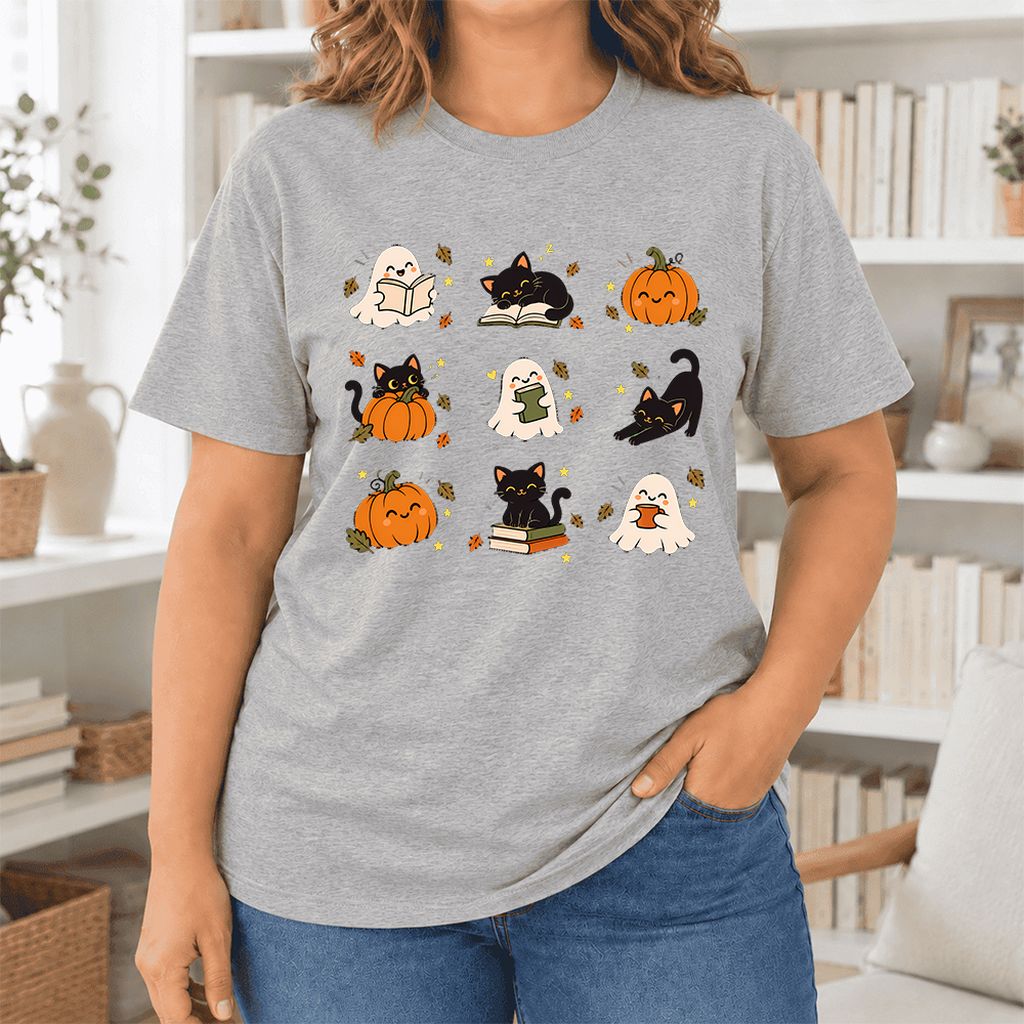 Halloween Cats, Ghosts, And Pumpkins Ultra-Soft Cotton T-Shirt | Gift Athletic Heather