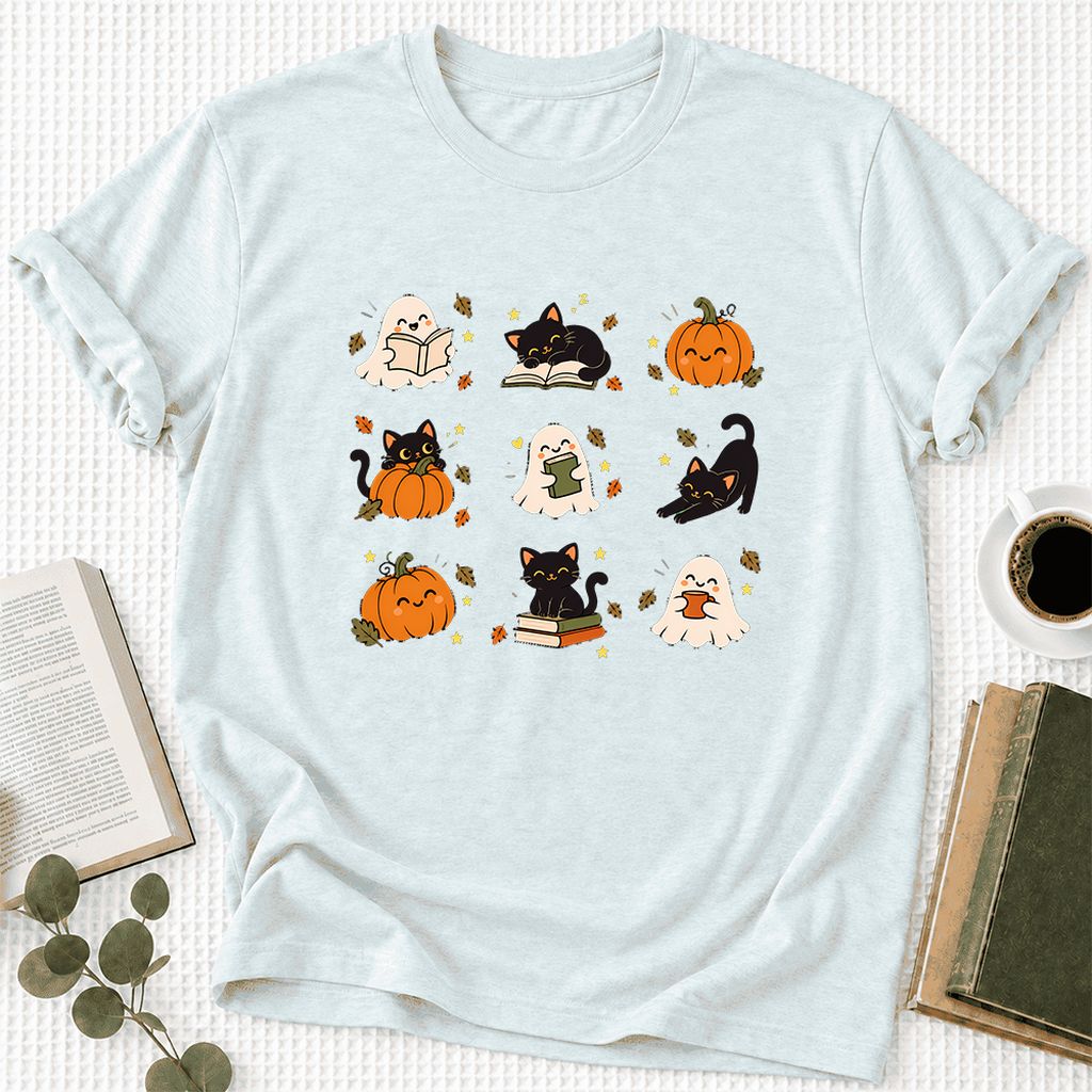 Halloween Cats, Ghosts, And Pumpkins Ultra-Soft Cotton T-Shirt | Gift Heather Ice Blue