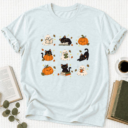Halloween Cats, Ghosts, And Pumpkins Ultra-Soft Cotton T-Shirt | Gift Heather Ice Blue